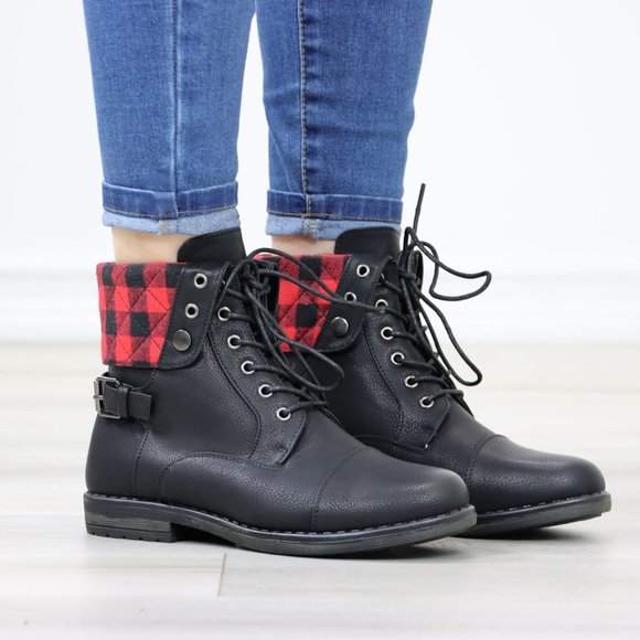 Buffalo Red Black Plaid Combat Ankles Boots Black Faux Leather - Picture 2 of 12